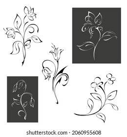 stylized flowers on stems with leaves. graphic decor, set