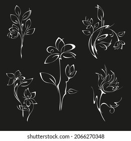 stylized flowers on stems with leaves. graphic decor, set