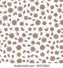 Stylized flowers on a white background. Vector illustration. Ditsy cute floral seamless pattern in green and pink colors.