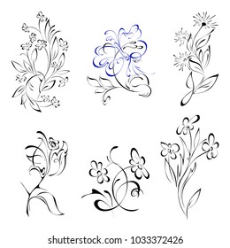 stylized flowers and one butterfly in lines on a white background. SET