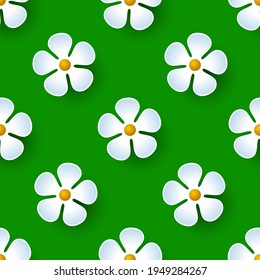Stylized flowers over green background, seamless funny pattern, simple floral background