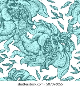 Stylized flowers pattern boho style.  Hand drawing. Seamless for fabric design, gift wrapping paper and printing and web projects.