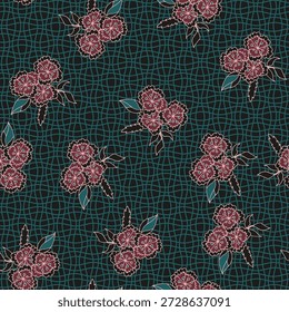 Stilisierte Blumen in Pflaume und erröten über Teal Grid auf dunklen für Tapete Bettwäsche Polsterung und Geschenkverpackung.
