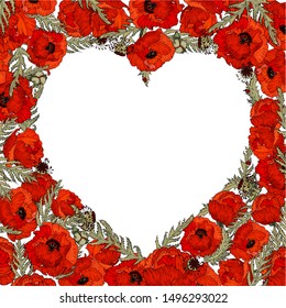 Stylized flowers poppys - heart with red flowers and green leaves on white background