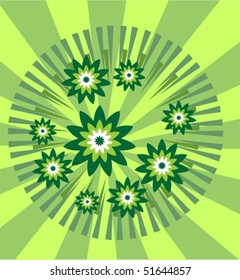 Stylized flowers and strips on a green background.