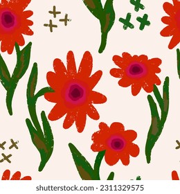 Stylized flowers. Texture of old paint, gouache, wear. Vector seamless pattern. For print, design, fabric, wallpaper, packaging, paper.