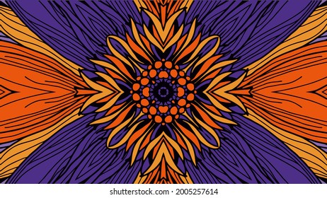 Flores estilizadas. Fondo multicolor vectorial floral. Afiche de color brillante. Ornamento para azulejos. Decoración colorida para un interior moderno. Imagen hecha a mano. Plantilla. Baldosas modernas. Naranja, azul, amarillo.