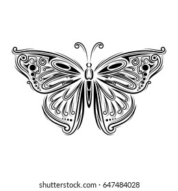 stylized fly butterfly. Creative bohemia concept for wedding invitations, cards, tickets, congratulations, branding, logo, label. Black and white graphic in doodle tangle style for tattoo.