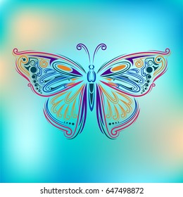 stylized fly butterfly. Creative bohemia concept for wedding invitations, cards, tickets, congratulations, branding, logo, label. outline graphic in doodle tangle style for tattoo in colors.
