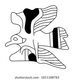 Stylized flying bird. Ancient Greek vase painting motif. Black and white silhouette.