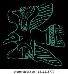 Stylized flying bird. Ancient Greek vase painting motif. Hand drawn linear rough sketch. Green silhouette on black background.