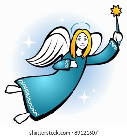 Stylized flying Christmas angel with star on a blue background.