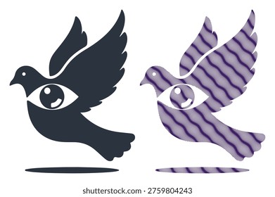 Stylized flying dove with an eye embedded in its body, representing peace and vigilance.