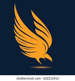 Stylized flying down bird  silhouette in orange and black colors. Attacking hunting Eagle image. Vector illustration. Works well as a tattoo, emblem, print or mascot.