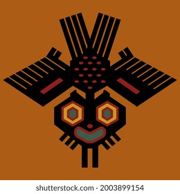 Stylized flying owl bird. Ancient Peruvian animal motif from Paracas textile. Native American pre Columbian Indian art. On orange background.