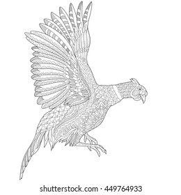 Stylized flying pheasant bird (cock, hen, phoenix), isolated on white background. 
Freehand sketch for adult anti stress coloring book page with doodle and zentangle elements.
