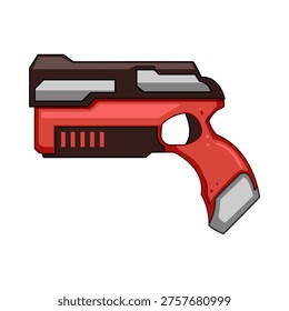 Stylized foam dart blaster toy in red and black, playful vector illustration conveying childhood fun, harmless action play, game and adventure on white background
