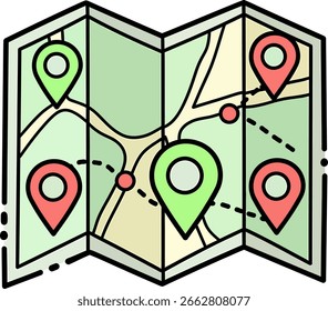 A stylized, folded paper map icon with thick black outlines. It features red and green location pins, abstract paths, and a dashed line indicating a travel route.