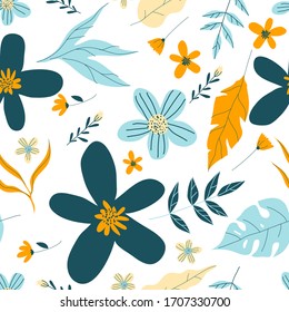 Stylized Foliage and Flora Shapes in Vector Seamless Pattern. Trendy Print for Fabric Textile