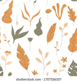 Stylized Foliage and Flora Shapes in Vector Seamless Pattern. Trendy Print for Fabric Textile