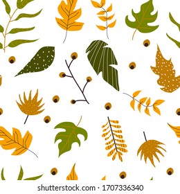 Formas de follaje estilizado y formas de flora en un patrón transparente vectorial. Impresión a la moda para tejidos textiles