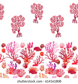 Stylized folk art drawing. Seamless vector border with trees and corals.