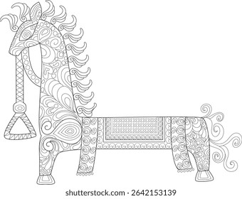 Stylized Folk Art Horse Line Drawing, Black and white line drawing of a decorative horse figure in a folk art style, featuring intricate paisley, swirl, and geometric patterns. Ideal for coloring