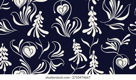 Stylized folk floral seamless pattern whimsical heart flower motifs. Hand drawn decorative botanical background.