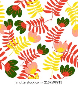 Flor folclórica estilizada sin costura. La mano dibujó un elegante fondo botánico. Papel tapizado de cartón con motivos florales. Estilo escandinavo. Diseño para tela, textil, envoltura, cubierta. Ilustración del vector