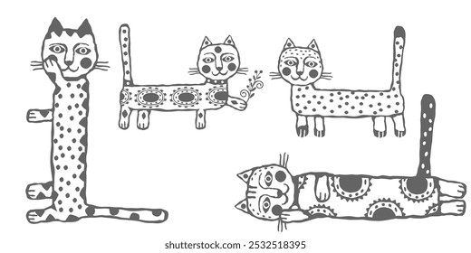 Stylized folk hand-drawn cute cats. Vector set