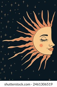 stylized folk representations of the sun with a half-face design featuring plump lips and closed eyes, emits long rays against a dark background adorned with simple, cross-shaped stars. for A4 posters