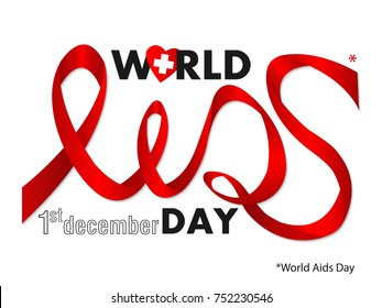 Stylized font Aids with red ribbon. World Aids Day poster on white background. Concept 1st December vector illustration.