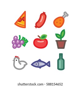 stylized food icons - foods colorful vector flat design set