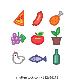 stylized food icons - foods colorful vector flat design set