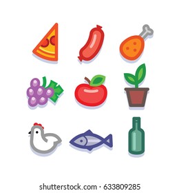 stylized food icons - foods colorful vector flat design set