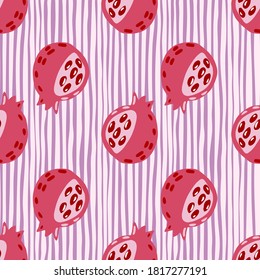 Stylized food seamless pattern with garnet shapes. Light pink fruit figures on stripped purple background. Perfect for wallpaper, textile, wrapping paper, fabric print. Vector illustration.