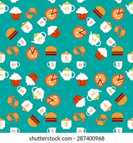 Stylized food seamless pattern on a blue background.