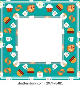 Stylized food seamless pattern on a blue background.
