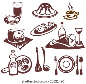 Stylized food symbols isolated on a white background.