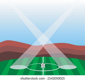 Stylized football soccer field with a soccer ball in the middle, on the field there are two spotlights. Vector illustration.