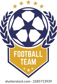 Stylized football team logo featuring a ball encircled by a laurel wreath and stars, complemented by a golden banner displaying the words football team