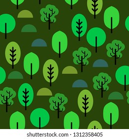 Stylized forest illustration. Different trees on dark background. Simple seamless vector.