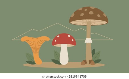 Stylized forest illustration showing three different types of colorful mushrooms against a green background with mountain lines.