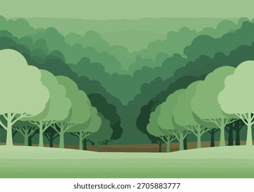 Stylized forest landscape with layered trees and a distant, mist