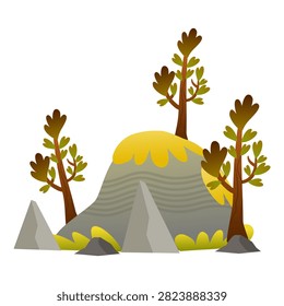 stylized forest landscape with small trees and grey rocks