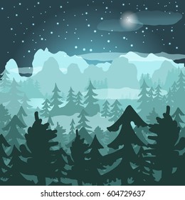 Stylized forest, lit by the moon and stars. Vector landscape
