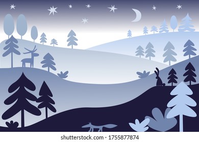 Stylized forest at night. Vector illustration. Background.