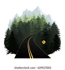 Stylized forest road vector illustration with mountains in the horizon and a deer sign.