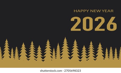 Silueta de bosque estilizado con un audaz saludo de “Feliz Año Nuevo 2026” en oro sobre un fondo oscuro, que evoca celebración y Renovación.
