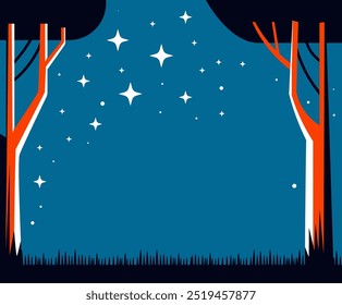 A stylized forest under a starry night sky in a flat illustration style. Ideal for designs related to nature, astronomy, or outdoor adventures.